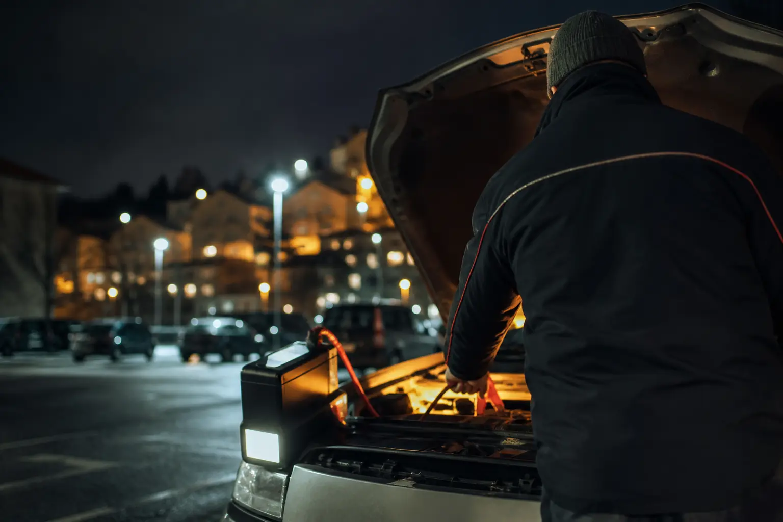 Dépannage batterie voiture au booster dans un parking d’Annemasse, de nuit