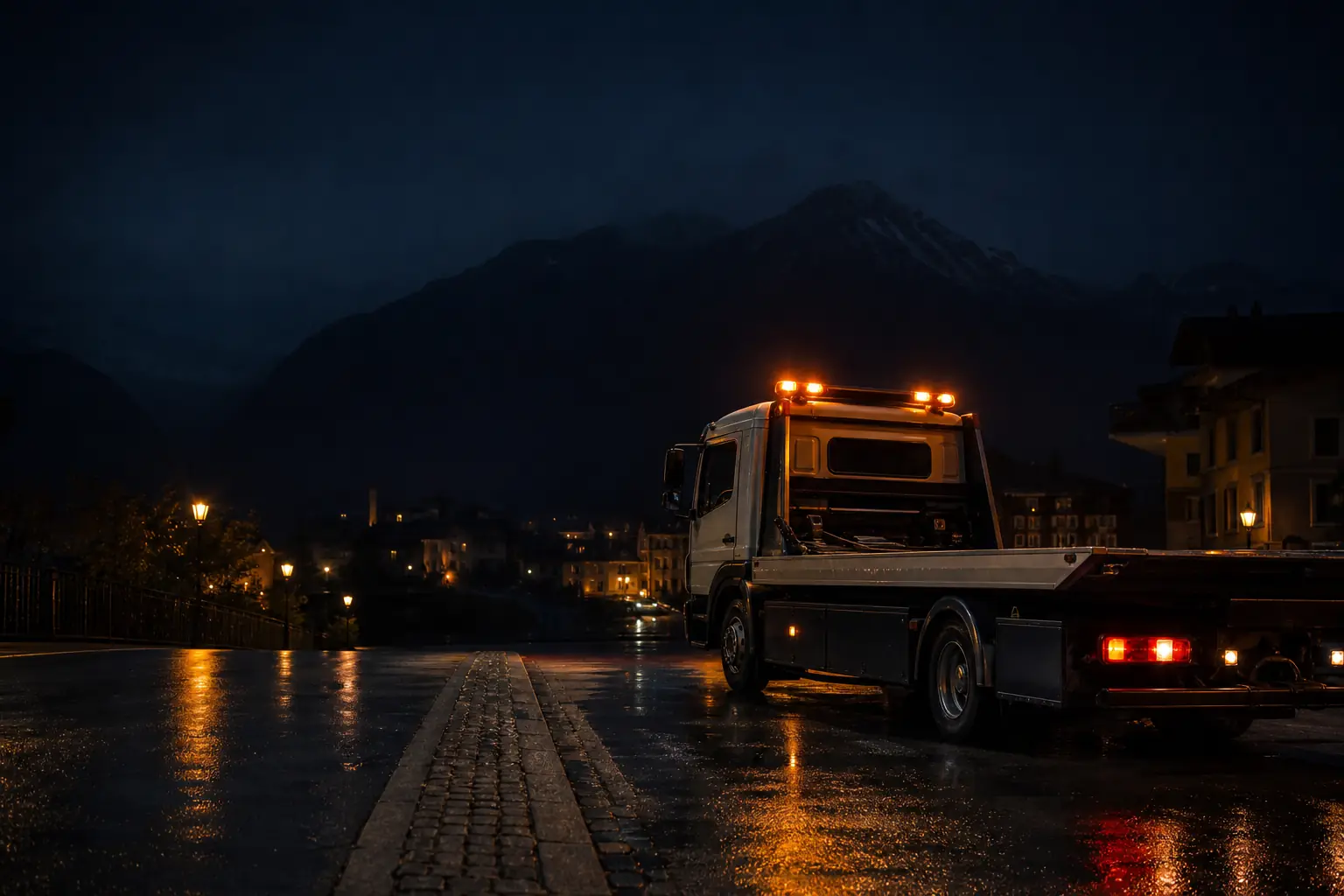 Dépanneuse plateau de nuit dans une rue mouillée de l’agglomération d’Annemasse, gyrophare ambre